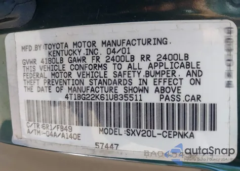 2001 Toyota Camry Le из США, поврежденный, VIN 4T1BG22K61U835511